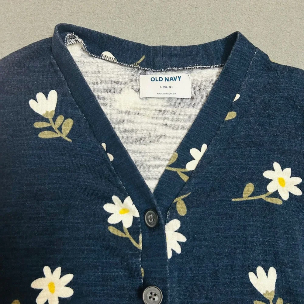 Old Navy Cardigan Girls Large 10-12 Blue Daisy Floral Lettuce Edge Button Front